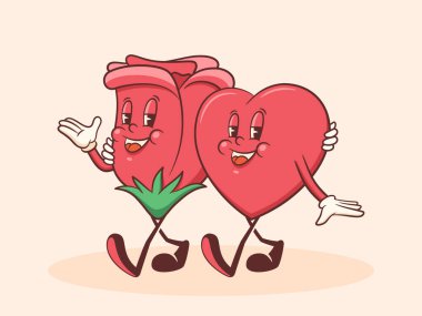 Sevgililer Günü Şahane Kalbi ve Gül Bud Çiçeği Retro Karakterleri Çizimi. Çizgi film Bayram Kişilerini Sevmek. Vektör Sevimli Sevgililer Günü Maskot Şablonu Arkaplanı. Mutlu Klasik Güzel Çizimler. İzole edilmiş