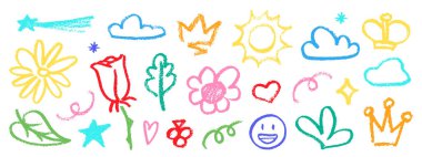 Boya kalemi renkli karalama vektörü seti. Tebeşir Graffiti Şekilleri Koleksiyonu. Renkli El Çekimi Fırça Yapısı Kalpler, Çiçek Yıldızları ve Karalamalar. Kalem Çocuksu Kız Kömür Karalamaları