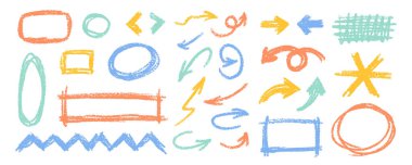 Şirin Boya Kalemi Vurgu Karalama Vektörü Seti. Graffiti Arrows Konuşma Baloncukları Altını Çiziyor. El yapımı fırça desenli yıldız şekilleri. Kalem Çocukça Kömür Karalamaları