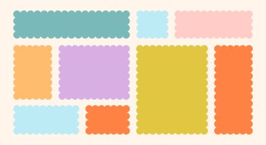 Çerçevelenmiş Vektör Oluşturulmuş Bento Izgara Şekilleri Ayarları. Kafa derisi Frame Wavy Retro Çıkartma Koleksiyonu. Zig Zag Sınır Geometrik Sınır Kutuları. Kıvrık Çizgi Tasarım İşareti Arkaplanı. İzole edilmiş