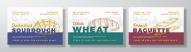Ekmek Vektörü Paketleme Tasarım Etiketi Arkaplanı Ayarlandı. Pastane Gıda Bayrağı, El Çizimi Buğday Somunu, Baget, Ekşi Hamur Çizimi Silüet Renkli Kağıt Afişi İzole Edildi