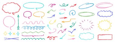 Şirin Boya Kalemi Vurgu Karalama Vektörü Seti. Graffiti Arrows Konuşma Baloncukları Altını Çiziyor. El yapımı fırça desenli yıldız şekilleri. Kalem Çocukça Kömür Karalamaları