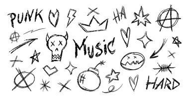 Pastel Kalem Gri Punk Rock Karalamaları Vector Set. Tebeşir Graffiti Şekilleri Koleksiyonu. Renkli El Fırça desenli Kafatası, Kalp, Ok ve Taç Karalamaları. Kalem Elementleri Kömür Karalamaları