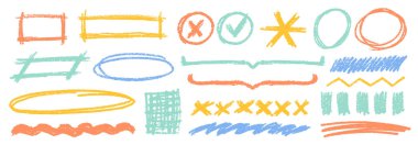 Boya kalemi renk karalama vektörü seti. Tebeşir Yazısı Altyazı Şekilleri Koleksiyonu. Renkli El Çekimi Fırça desenli Vurgu Karalaması. Kalem Vurgulama Elementleri Kömür Dağıtımcıları Paketi