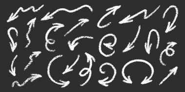 Tebeşir Okları Karatahta Vektör Kümesi. Pastel Yazı İşaretleyici Şekilleri Koleksiyonu. Renkli El Çekimi Fırça desenli girdap. Kalem Vurgulama Elementleri Kömür Kıvrımlı Semboller Paketi