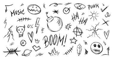Pastel Kalem Gri Punk Rock Karalamaları Vector Set. Tebeşir Graffiti Şekilleri Koleksiyonu. Renkli El Fırça desenli Kafatası, Kalp, Ok ve Taç Karalamaları. Kalem Elementleri Kömür Karalamaları