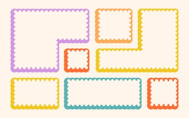 Çerçevelenmiş Vektör Oluşturulmuş Bento Izgara Şekilleri Ayarları. Kafa derisi Frame Wavy Retro Çıkartma Koleksiyonu. Zig Zag Sınır Geometrik Sınır Kutuları. Kıvrık Çizgi Tasarım İşareti Arkaplanı. İzole edilmiş
