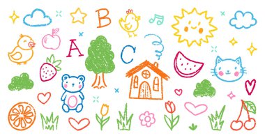 Renkli Boya Kalemi Anaokulu Karalama Veri Kümesi. Tebeşir Yazısı Şekilleri Koleksiyonu. El Tarağı Doku Çiçekleri, Hayvanlar, Kupa Karalamaları. Kalem Çocuksu Kız Kömür Karalamaları