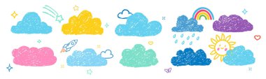 Pastel Bulutlar Kabarcık Vektörü Set. Tebeşir Karalaması Sisli Şekiller Koleksiyonu. Kara El Fırça Doku Yıldızı, Güneş, Bulut, Yağmur Kalemi Vurgu Elementleri. Kömür Doodle Gökyüzü Balonları. İzole edilmiş