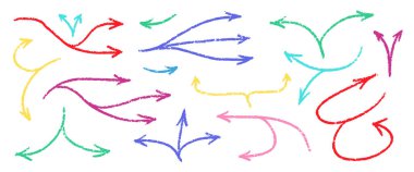 Pastel oklar, karalama vektörü seti. Chalk Scribble Pointer Şekilleri Koleksiyonu. Renkli El Çekimi Fırça desenli girdap. Kalem Vurgulama Elementleri Kömür Kıvrımlı Semboller Paketi