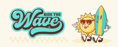 Yaz Ruh hali sörfü Retro Çizgi Film Karakterleri Afişi. Sörf tahtası illüstrasyonlu sevimli parmak arası terlik. Sahil Tatili Yürüyen Gülümseyen Vintage Çizim Posteri İzole Edildi