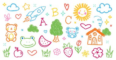 Renkli Boya Kalemi Anaokulu Karalama Veri Kümesi. Tebeşir Yazısı Şekilleri Koleksiyonu. El Tarağı Doku Çiçekleri, Hayvanlar, Kupa Karalamaları. Kalem Çocuksu Kız Kömür Karalamaları