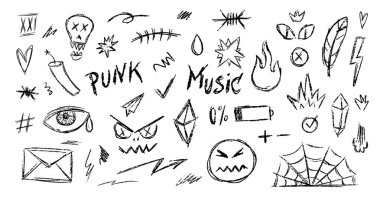 Pastel Kalem Gri Punk Rock Karalamaları Vector Set. Tebeşir Graffiti Şekilleri Koleksiyonu. Renkli El Fırça desenli Kafatası, Kalp, Ok ve Taç Karalamaları. Kalem Elementleri Kömür Karalamaları