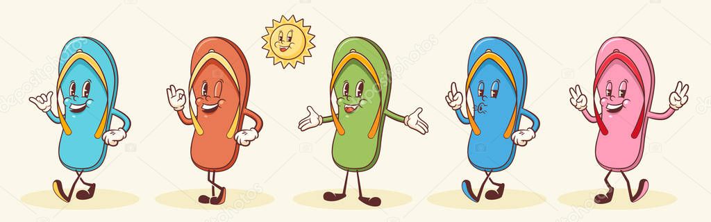 Summer Sun Beach Retro Cartoon Characters Set. Groovy Flip Flops Slippers Friends Showing Shaka Symbol Illustration. Vintage Personage Walking and Smiling Vector T-shirt Print Drawing Logo Isolated