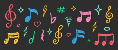 Boya kalemi müzikal nota vektörü seti. Tebeşir Yazısı Müzik Sembol Şekilleri Koleksiyonu. Pastel Renkler, El Tarağı, Deri, Üçlü Anahtarlar. Kalem Vurgulama Elementleri Kömür Doodle Ses Simgeleri Paketi