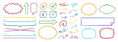 Şirin Boya Kalemi Vurgu Karalama Vektörü Seti. Graffiti Arrows Konuşma Baloncukları Altını Çiziyor. El yapımı fırça desenli yıldız şekilleri. Kalem Çocukça Kömür Karalamaları