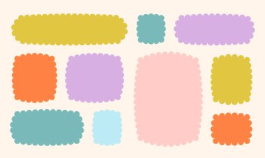 Çerçevelenmiş Vektör Oluşturulmuş Bento Izgara Şekilleri Ayarları. Kafa derisi Frame Wavy Retro Çıkartma Koleksiyonu. Zig Zag Sınır Geometrik Sınır Kutuları. Kıvrık Çizgi Tasarım İşareti Arkaplanı. İzole edilmiş