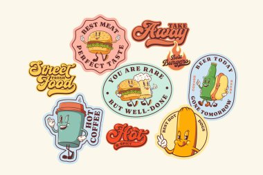 Harika Burger Retro Karakter Çıkartmaları Seti. Çizgi film Hamburger, Hotdog, Kahve, Bira Yürüyüşü ve Gülümseme. Vector Caddesi Maskot Şablonu Yamaları Koleksiyon Vintage Fast Food Çizimleri İzole Edildi