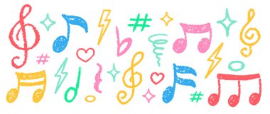 Boya kalemi müzikal nota vektörü seti. Tebeşir Yazısı Müzik Sembol Şekilleri Koleksiyonu. Pastel Renkler, El Tarağı, Deri, Üçlü Anahtarlar. Kalem Vurgulama Elementleri Kömür Doodle Ses Simgeleri Paketi
