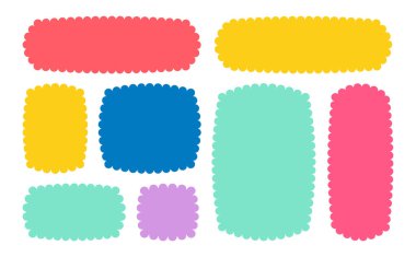 Çerçevelenmiş Vektör Oluşturulmuş Bento Izgara Şekilleri Ayarları. Kafa derisi Frame Wavy Retro Çıkartma Koleksiyonu. Zig Zag Sınır Geometrik Sınır Kutuları. Kıvrık Çizgi Tasarım İşareti Arkaplanı. İzole edilmiş