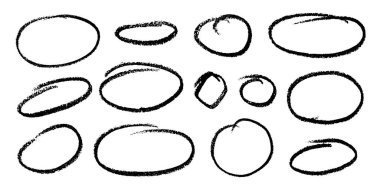 Boya kalemi dairesel şekiller vektör seti. Tebeşir Yazı Yuvarlak Vurgulama Koleksiyonu. Renkli El Fırçası Doku Diyaloğu Oval Çerçeveler. Kalem Vurgulama Elementleri Kömür Karalama Konuşma Balonları Paketi