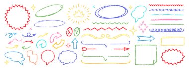 Şirin Boya Kalemi Vurgu Karalama Vektörü Seti. Graffiti Arrows Konuşma Baloncukları Altını Çiziyor. El yapımı fırça desenli yıldız şekilleri. Kalem Çocukça Kömür Karalamaları