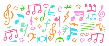 Boya kalemi müzikal nota vektörü seti. Tebeşir Yazısı Müzik Sembol Şekilleri Koleksiyonu. Pastel Renkler, El Tarağı, Deri, Üçlü Anahtarlar. Kalem Vurgulama Elementleri Kömür Doodle Ses Simgeleri Paketi
