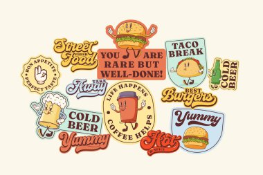 Harika Burger Retro Karakter Çıkartmaları Seti. Çizgi film Hamburger, Taco, Kahve, Bira Yürüyüşü ve Gülümseme. Vector Sokağı Yiyecek Maskotu Şablonları Koleksiyonu. Klasik Fast Food Çizimleri İzole Edildi