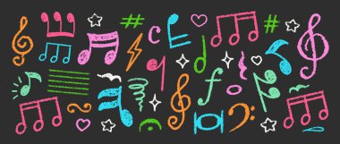 Boya kalemi müzikal nota vektörü seti. Tebeşir Yazısı Müzik Sembol Şekilleri Koleksiyonu. Pastel Renkler, El Tarağı, Deri, Üçlü Anahtarlar. Kalem Vurgulama Elementleri Kömür Doodle Ses Simgeleri Paketi