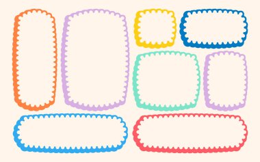 Çerçevelenmiş Vektör Oluşturulmuş Bento Izgara Şekilleri Ayarları. Kafa derisi Frame Wavy Retro Çıkartma Koleksiyonu. Zig Zag Sınır Geometrik Sınır Kutuları. Kıvrık Çizgi Tasarım İşareti Arkaplanı. İzole edilmiş