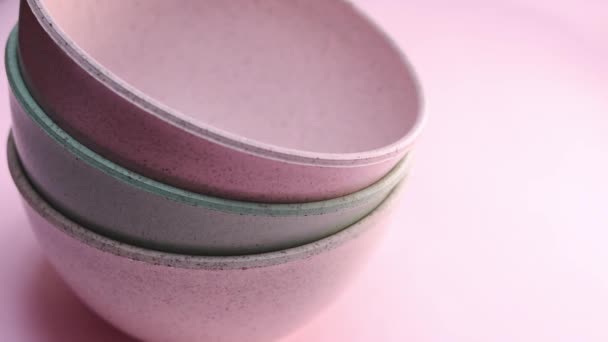 Hand Taking Some Pink Ceramics Pots Bright Pink Background — Stock Video