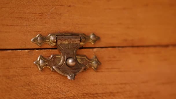 Close Hand Opening Wooden Chest Metal Latch — Stock Video