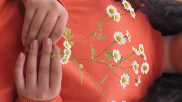 オレンジセーターを着用し カモミールプラントを保持するカーリー女性の垂直ビデオ — ストック動画