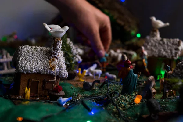 Kézimunka Részt Vesz Latin Karácsonyi Jászol Karácsonyi Fények Éjszaka — Stock Fotó