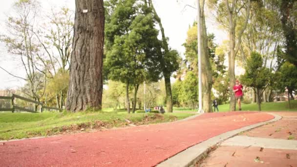 头戴红帽子的男人日落时在公园里奔跑 — 图库视频影像