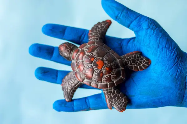Blue painted hands holding sea turtle with blue backgroung and copy space