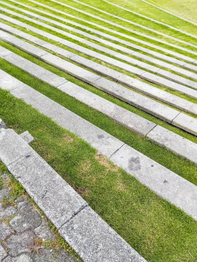 Arka planda yeşil çimenler olan merdivenlerin üstünde.