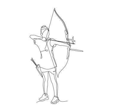 Kadın okçuluk sporcusu hedefi hedefliyor. Spor konsepti, eğitim ve iş illüstrasyonu için basit sürekli çizgi çizimi    