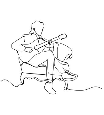 Bir erkek gitarist sandalyede otururken gitar enstrümanı çalar. Tek çizgi sürekli çizim. Müzik konsepti posteri veya afişi için vektör illüstrasyonu