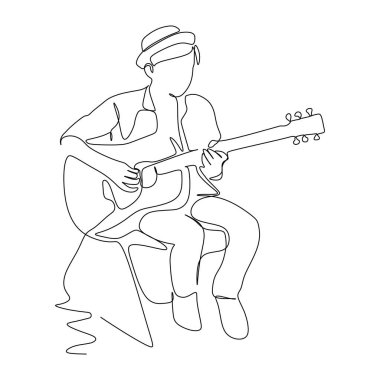 Bir erkek müzisyen akustik gitar çalıyor. Sürekli basit çizgi çizimleri. Müzik ve eğlence konsepti için vektör illüstrasyonu