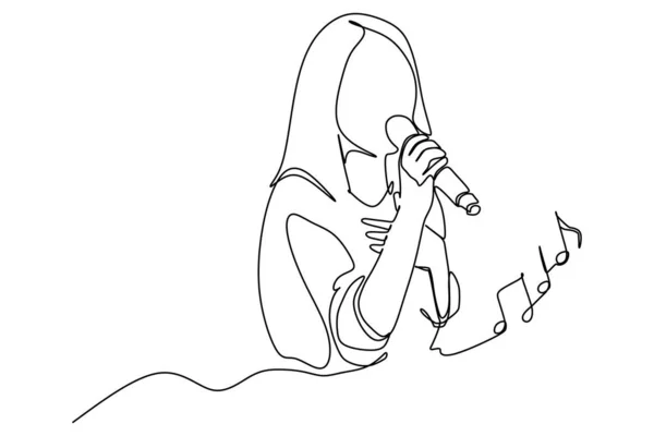 Jeden Liniowy Obraz Młodej Muzykantki Śpiewającej Piosenkę Trzymającej Mikrofon Ilustracja — Wektor stockowy