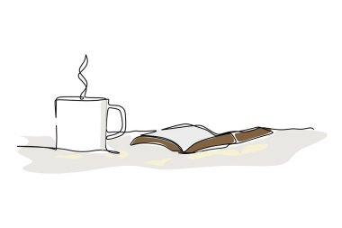 Duman, sıcak bir fincan kahve ve yumuşak yatağın üzerinde bir kitap oluşturur. Hygge konsepti için aralıksız çizilmiş bir çizgi tasarım tipi