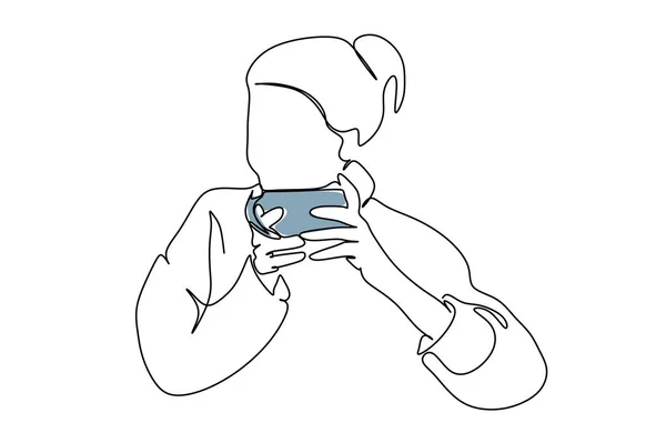 Una Linda Mujer Adulta Tomando Una Taza Café Dibujo Línea — Vector de stock