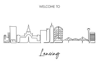 Lansing Skyline 'ın aralıksız çizimleri ve Lansing Copywriting' e hoş geldiniz. Michigan 'ın başkenti Amerika Birleşik Devletleri turizm konsepti için el çizimi tasarımı. 