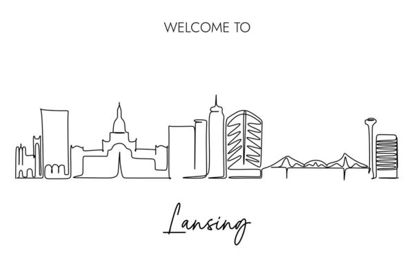 Dibujo Continuo Una Línea Lansing Skyline Con Bienvenido Lansing Copywriting — Vector de stock