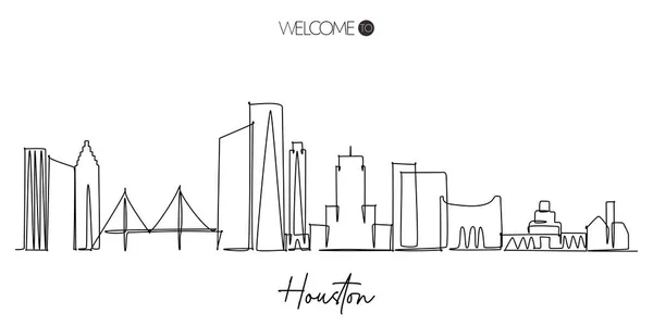 Houston siluetinin aralıksız çizimi ve Houston 'a hoş geldiniz kopyası. Amerika 'nın ünlü turizm merkezi. Seyahat ve turizm tanıtım kampanyası için basit el çizimi stili tasarımı