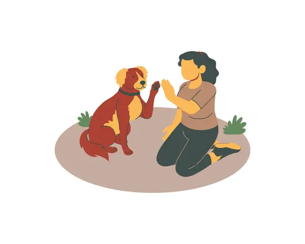 Köpeğiyle yerde oynayan kadın, hayvanlara bakıcılık ve evlat edinme konsepti tasarımı için izole edilmiş düz vektör çizimi yapıyor.