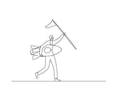 Bir işadamı, sağ elinde bir roket, sol elinde bir bayrak tutar. İş büyümesi konsepti. Tasarım vektörü illüstrasyonu