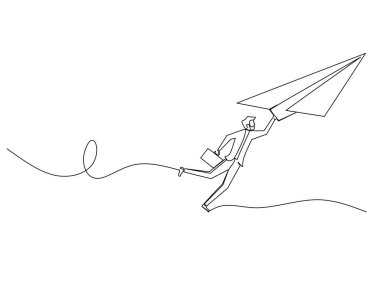 Sürekli uçan bir iş adamının kağıttan bir uçağa tutunması. İş büyüme stratejisi kavramı. Tasarım vektör çizimi