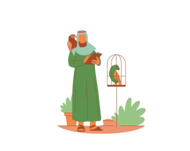 Kafeste ve omuzlarında kuşlarla Arap bir adam. Hayvan besleme ve benimseme kavramı illüstrasyonu için vektör tasarımı